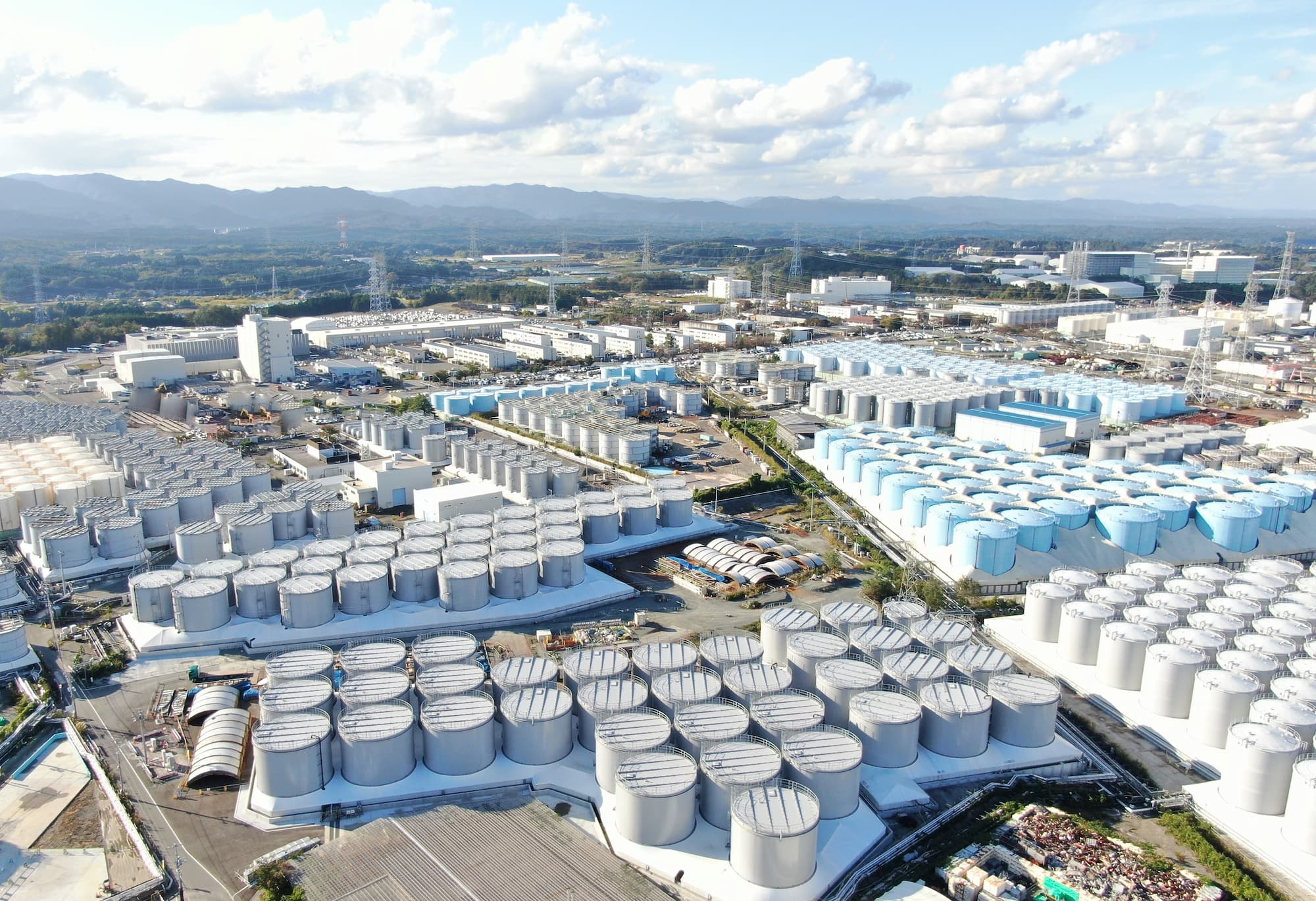 Aerial view of Fukushima relief materials organized at the work site.