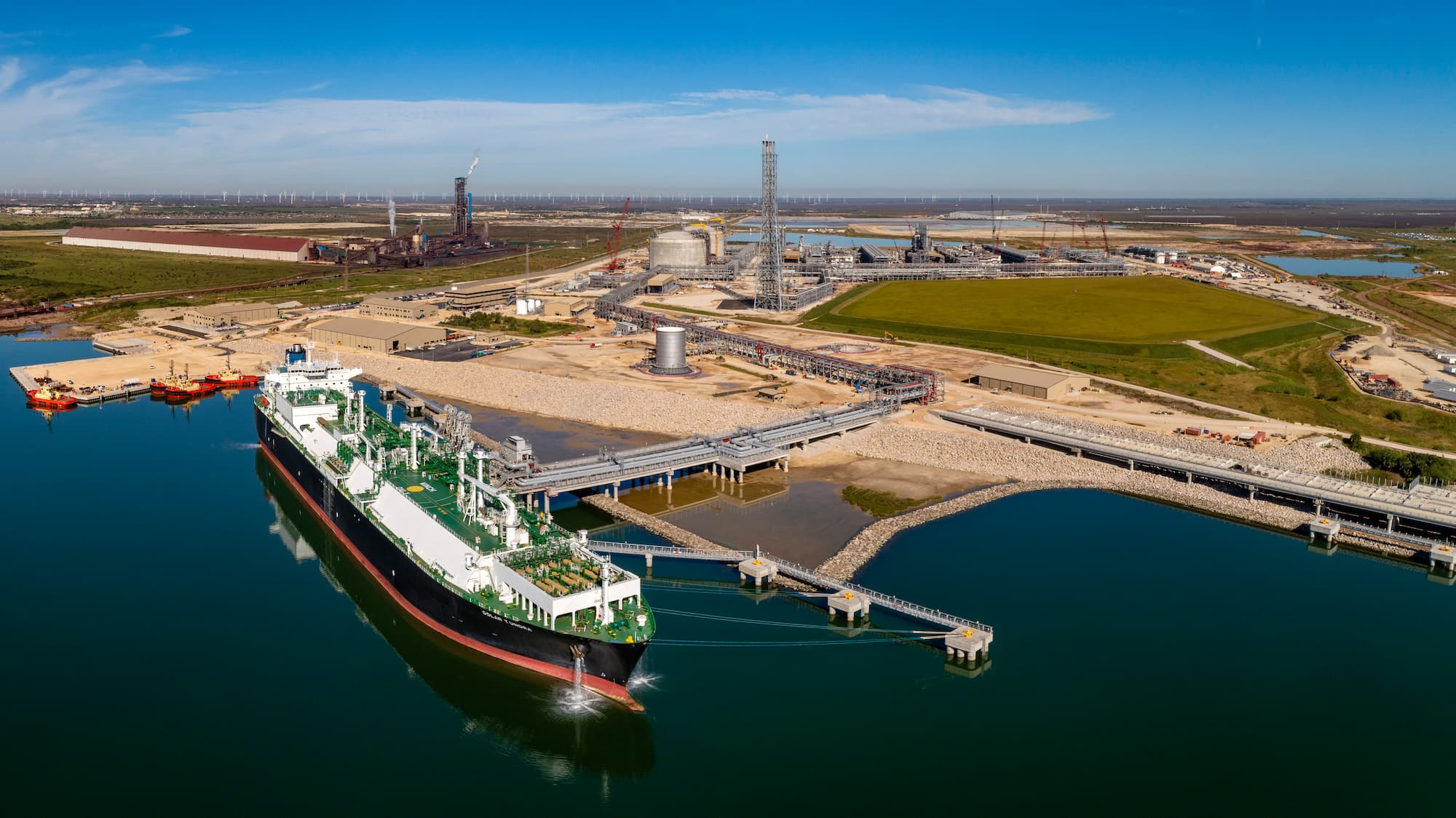 An aerial view ship docked at project site.