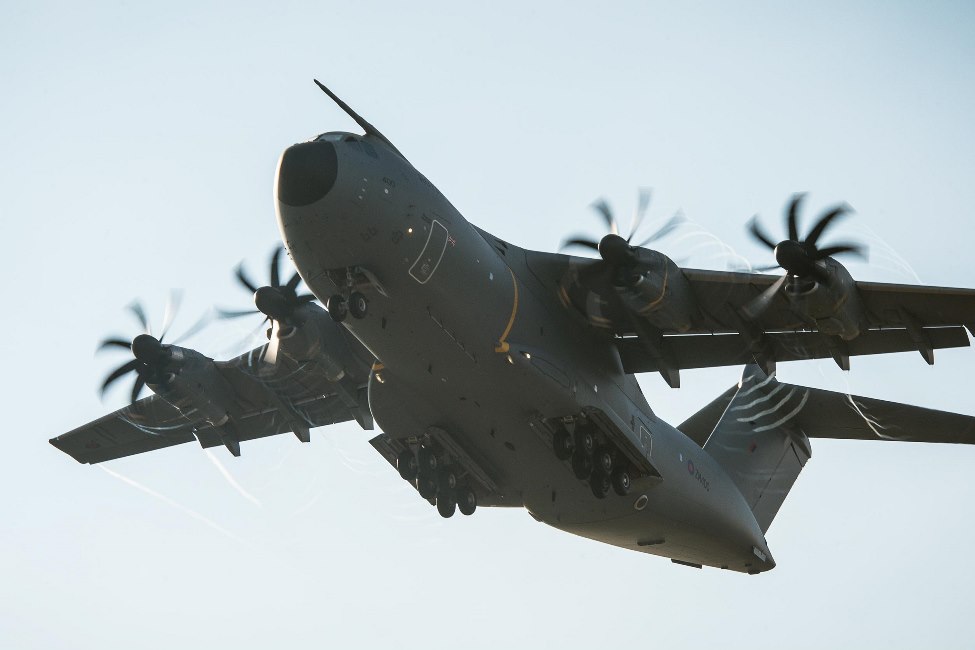 View of military transport plane in flight