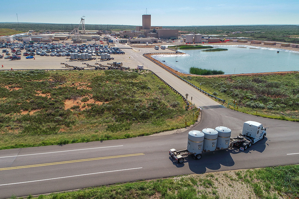 Aerial view of the Waste Isolation Pilot Plant as a shipment arrives. (Department of Energy photo)