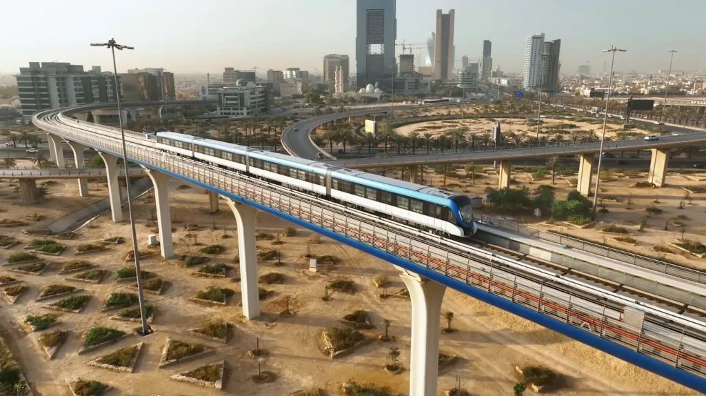 Completed Riyadh Metro line train in transit