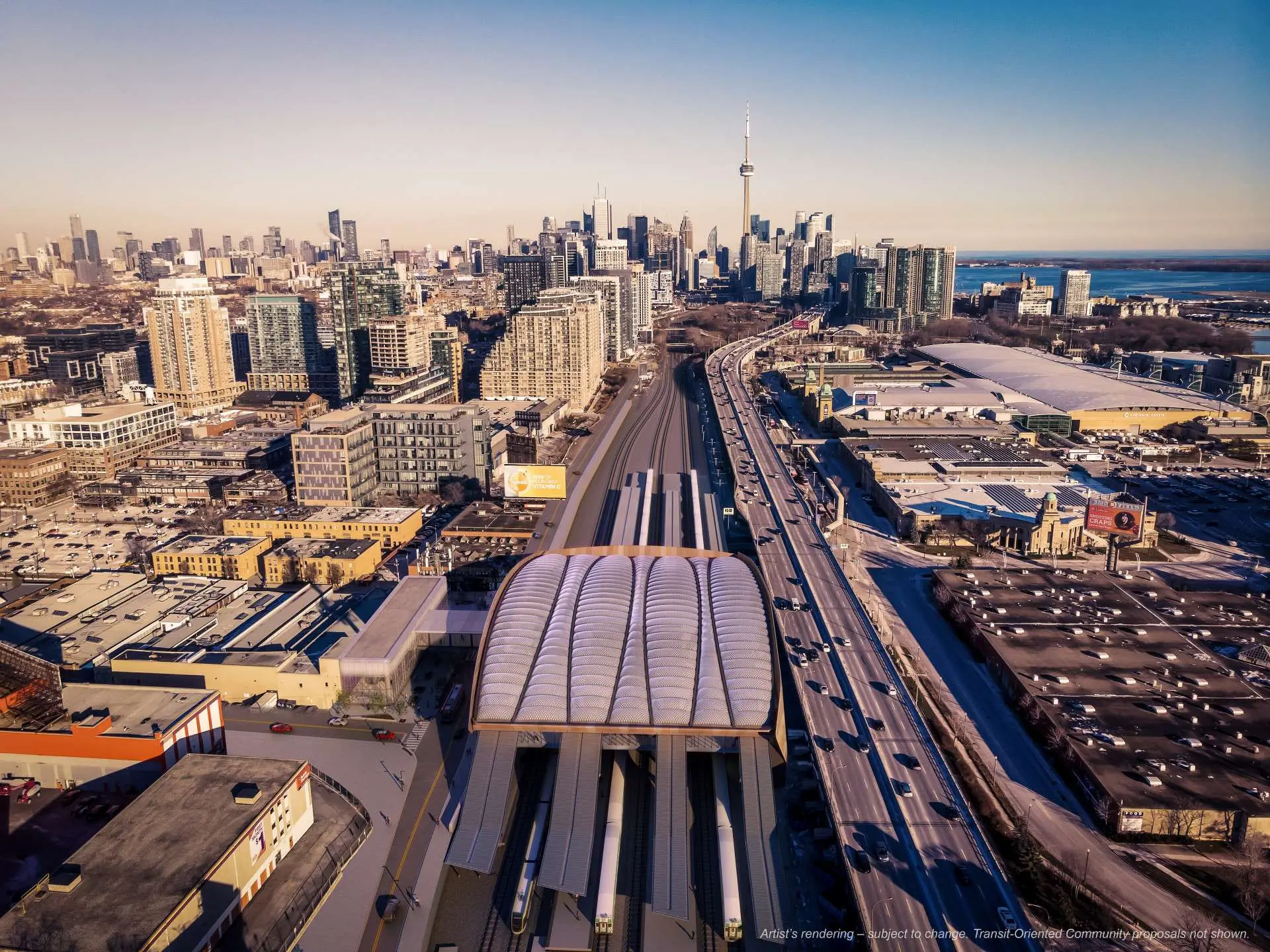 Aerial rendering of Ontario Line Exhibition Station.