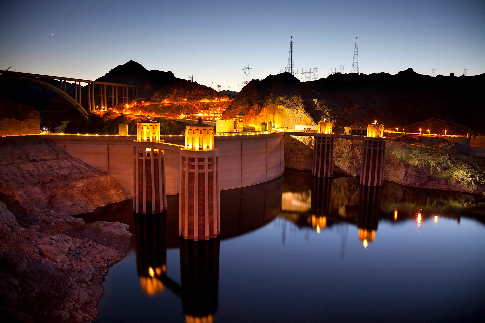 Night view of the intake towers of Hoover Dam.